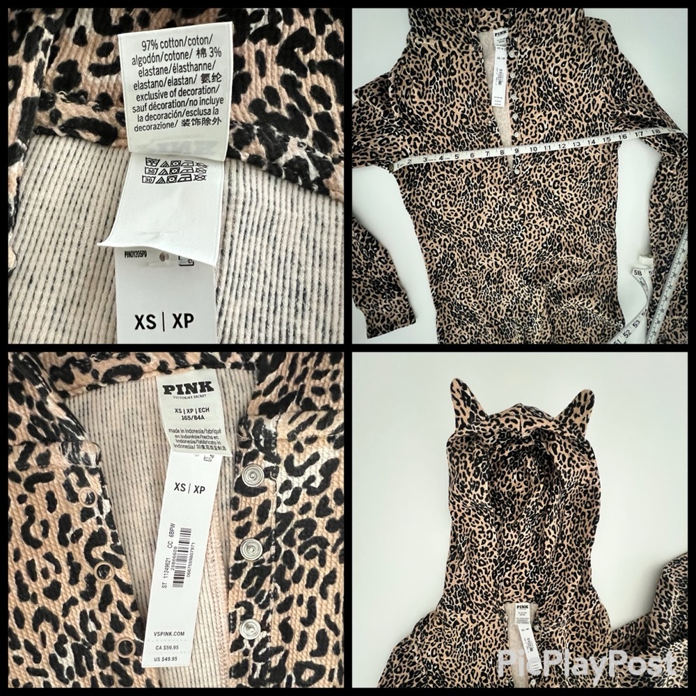 PINK Victoria's Secret Sexy Leopard Print Hooded Ears Onesie Tan Black NWT XS S - Picture 5 of 11